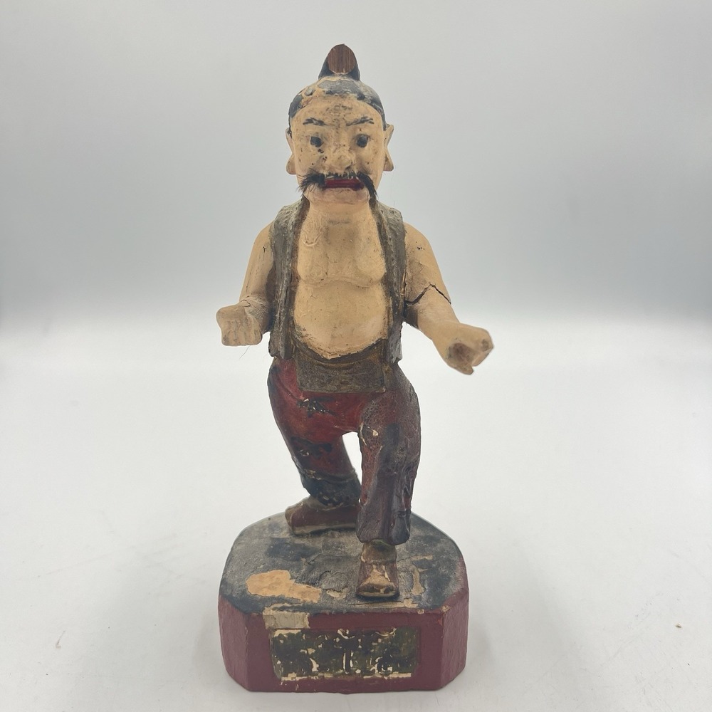 Antique Chinese Carved Wooden Guardian‎ Figure 7" Polychrome Paint w/ Real Hair